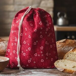 Valentine Heart Cotton Bread Bag, Reusable Sourdough Storage, Farmhouse Kitchen
